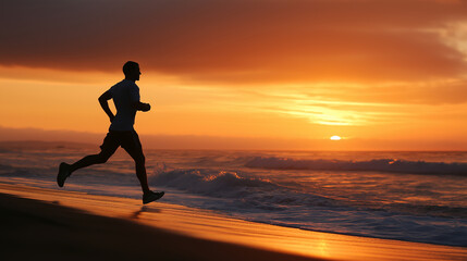 Runner at the beach at dawn silhouette in motion