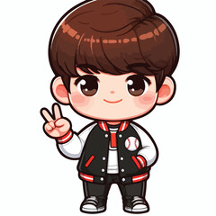 cute boy cartoon vector with baseball jacket and peace hand on
