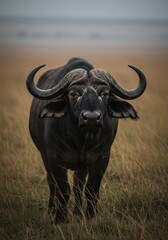 A powerful African buffalo stands alert in the savannah, its sturdy frame and curved horns symbolizing strength and resilience in the wild.
