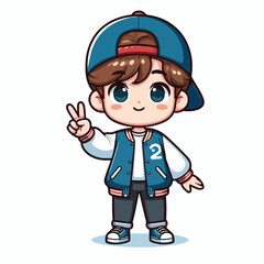 cute boy cartoon vector with baseball jacket and peace hand on