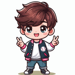 cute boy cartoon vector with baseball jacket and peace hand on