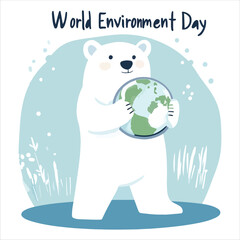 Fototapeta premium Cute polar bear hugging earth globe illustration isolated on white background
