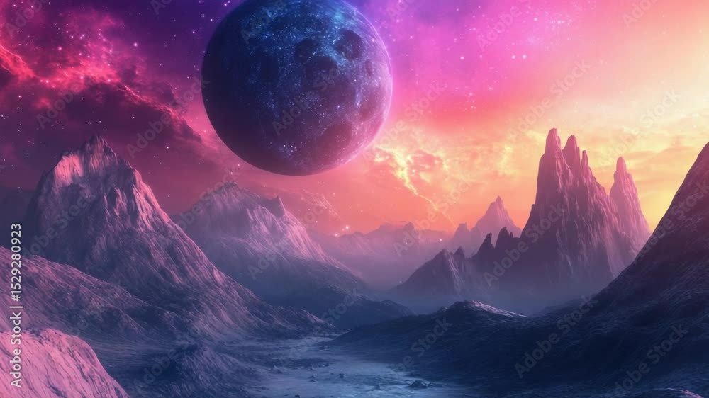 Poster a planet in the sky with mountains in the background, suitable for sci-fi or futuristic themed desig