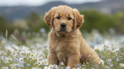 Golden Retriever Puppy in Daisies Soft Backlight Adorable Expression