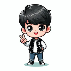 cute boy cartoon vector with baseball jacket and peace hand on