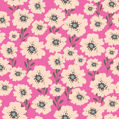 Seamless vintage floral pattern with delicate white and pink flowers, soft natural leaves, and hand-drawn botanical details. Perfect for fabric, wallpaper, wrapping paper, and elegant design projects