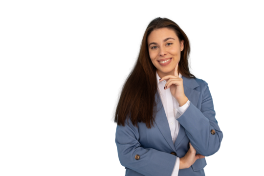 Studio portrait of a young businesswoman smiling and touching her chin with her finger on a transparent background - Powered by Adobe