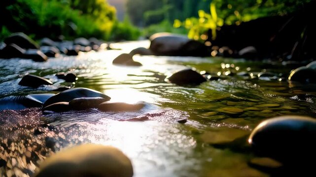 Low angle view of a tranquil stream with round stones, gentle flowing water, and lush green foliage under warm sunlight.
