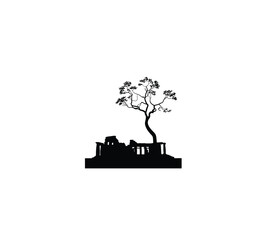 A tree growing from the ruins of an ancient temple silhouette on white background