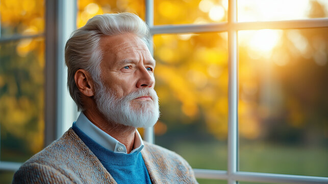 Elderly man reflecting peacefully while gazing out a window