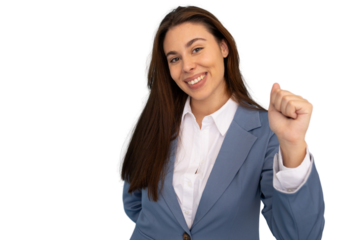 Professional businesswoman raising clenched fist, radiating confidence and power against transparent backdrop