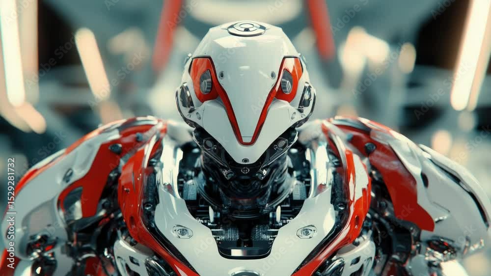 Poster close-up of a robot's head and body, suitable for tech-related illustrations or futuristic designs
