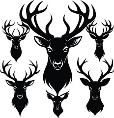 A vector set of diverse deer and reindeer silhouettes with various antlers and heads perfect for nature and Christmas designs