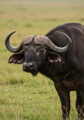 Naklejka premium A powerful African buffalo stands alert in the savannah, its sturdy frame and curved horns symbolizing strength and resilience in the wild.