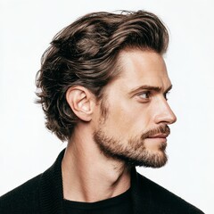 Obraz premium Man with wavy brown hair and beard side profile portrait on a white background studio shot closeup