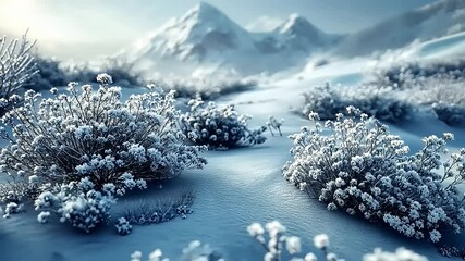 Serene Snowy Landscape with Mountains and Frozen Bushes for Winter Scenery Footage - Powered by Adobe