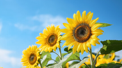 Vibrant sunflowers blooming under a clear blue sky in summer