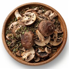 Mixture of mushroom agaricus bisporus with aromatic herbs in a rustic wooden bowl