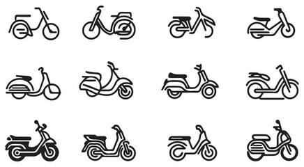 Black and White Bicycle Scooter Icons Vector Set