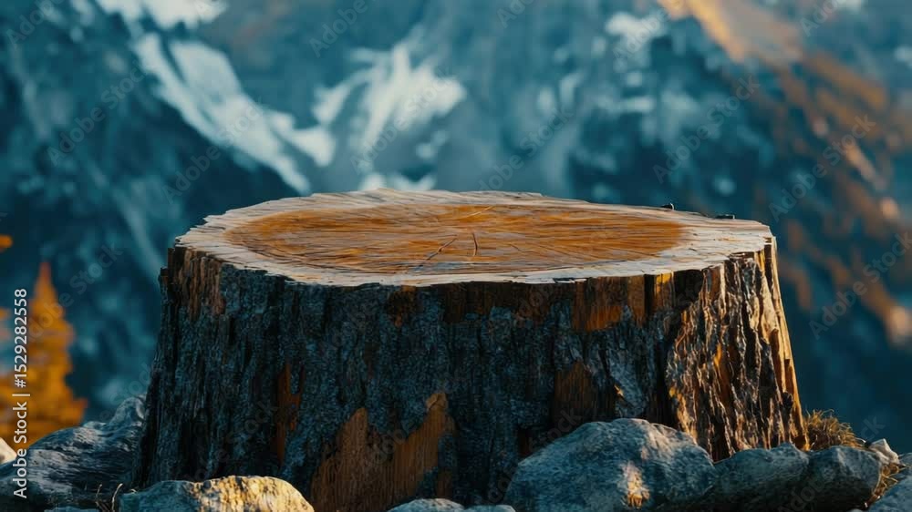 Poster a tree stump sits atop a mountain with a rugged landscape in the background