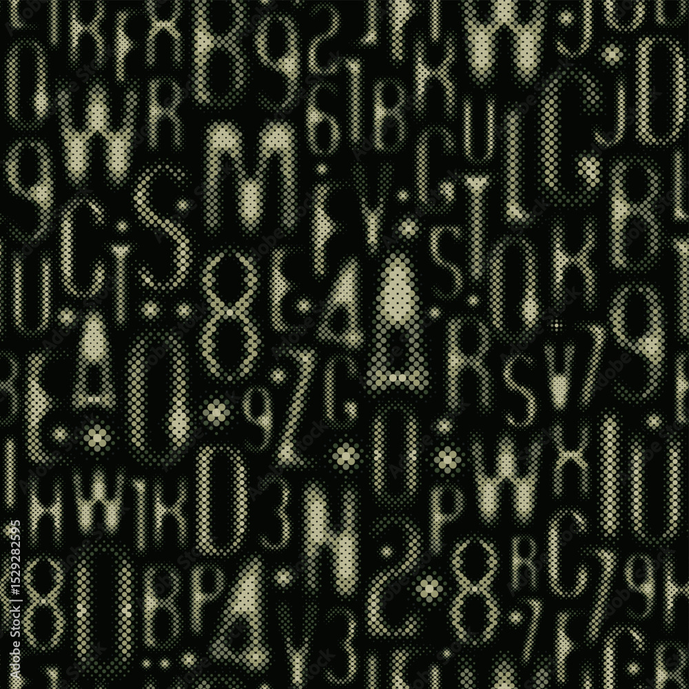 Poster seamless pattern with a font consisting of dots. on the theme of matrix print, computer games, digit