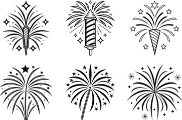 Six Stylish Fireworks Icons Perfect for Celebration Designs Branding Projects and Festive Decorations