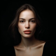 Fototapeta premium Young woman with long dark hair and natural makeup poses against a dark background, showcasing her beauty and elegance in a captivating portrait photograph