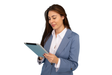 Professional businesswoman in blue suit, working on tablet with confident smile against transparent backdrop