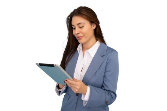 Professional businesswoman in blue suit, working on tablet with confident smile against transparent backdrop