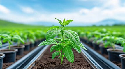 Young plants growing in greenhouse under bright blue sky