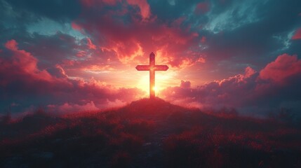 Fototapeta premium Sunset illuminates cross on hill surrounded by dramatic clouds and vibrant colors in serene landscape