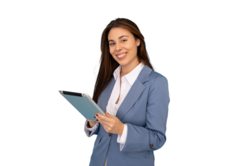 Professional businesswoman navigating digital tablet, transparent background highlighting contemporary workplace technology