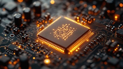 Close-up view of a glowing microchip on a circuit board showcasing intricate electronic components