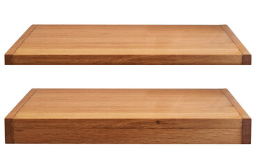 Oak wooden empty shelves isolated on white background. Ideal for products display