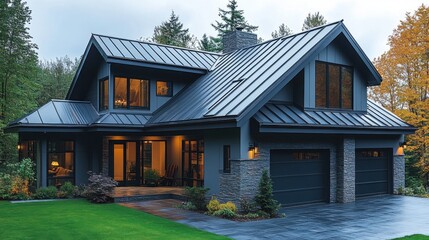 Naklejka premium Modern black house surrounded by trees and landscaping in the suburbs during overcast weather