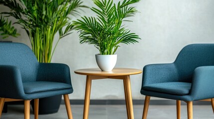 Chic and contemporary urban cafe interior featuring sleek modern furniture lush green plants and a cozy inviting atmosphere for relaxation or productivity