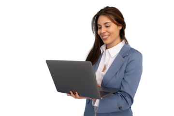 Smiling businesswoman using a laptop while showcasing professionalism, isolated on a transparent background, embodies modern technology and communication