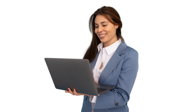 Smiling businesswoman using a laptop while showcasing professionalism, isolated on a transparent background, embodies modern technology and communication