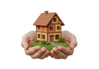 Hands cradling a miniature house model with a green landscape backdrop, symbolizing care