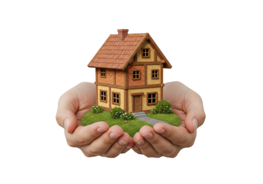Hands cradling a miniature house model with a green landscape backdrop, symbolizing care