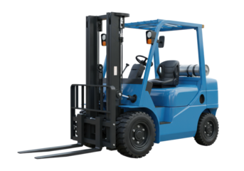 Blue forklift in a warehouse setting, lifting crates with workers in the background