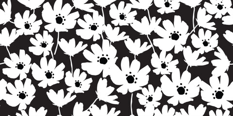 Seamless floral pattern with minimal abstract flower designs. Modern print on black and white background, perfect for textile design, wallpapers, covers, invitations, and posters