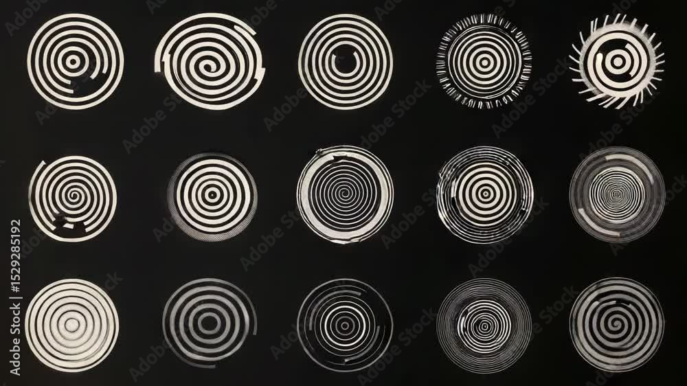 Poster a collection of various spiral shapes on a dark background, great for use in abstract art, design or