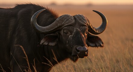 A powerful African buffalo stands alert in the savannah, its sturdy frame and curved horns symbolizing strength and resilience in the wild.