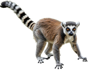 Fototapeta premium A curious lemur crouching on all fours, showcasing its striking features and vibrant tail