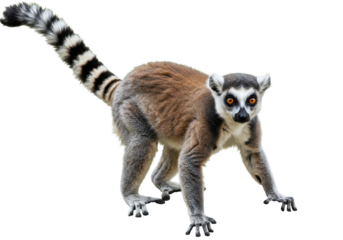 A curious lemur crouching on all fours, showcasing its striking features and vibrant tail