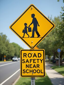 Creative of a school crossing traffic warning sign with kids carrying bags, promoting road safety near school zones