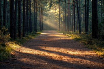 Obraz premium Sunlit pine needle path tranquil forest nature photography woodland environment serene viewpoint peaceful concept for nature lovers