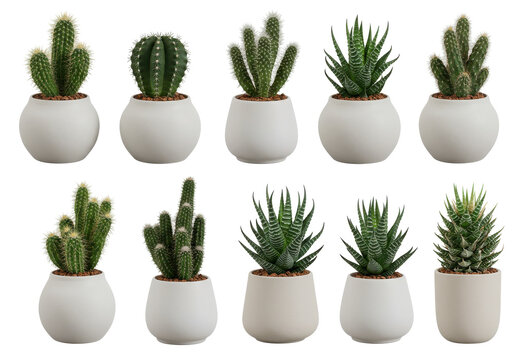 A collection of diverse potted cacti arranged in a neat grid on a white background