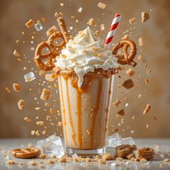 "Salted caramel pretzel shake exploding with iced fragments, golden brown tones, crisp reflections and crumbs frozen in time